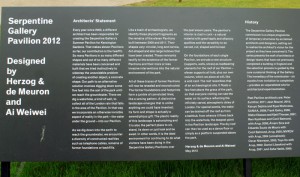 Serpentine Pavilion 2012 sign describing the project (1)