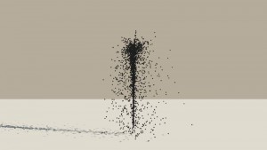 A Vue Particle System emitting a stream of black spheres with a turbulence setting of 1.0