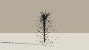 A Vue Particle System emitting a stream of black spheres with a turbulence setting of 1.2
