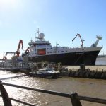 RRS Discovery docked in Liverpool October 2016 from the bow