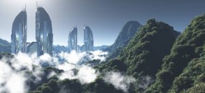 Vue rendered wooded valley with science fiction buildings