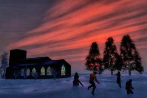 A snowball fight in front of a church and trees at sunset