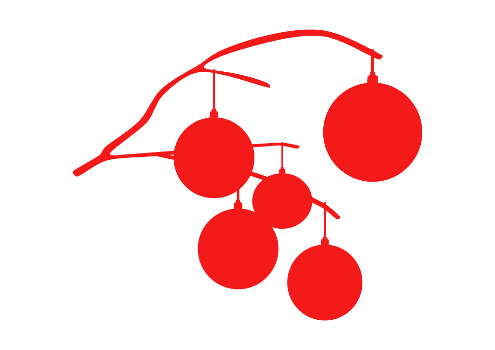 Five baubles hanging from a branch
