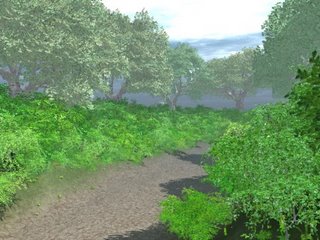 A picture of a wooded lane rendered in Vue